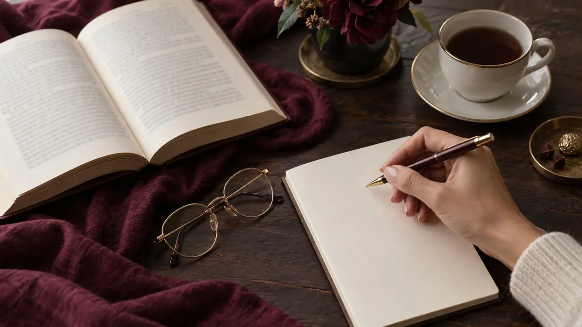 Livro aberto, caderno, caneta e xícara de café sobre uma mesa, com tecido vinho.