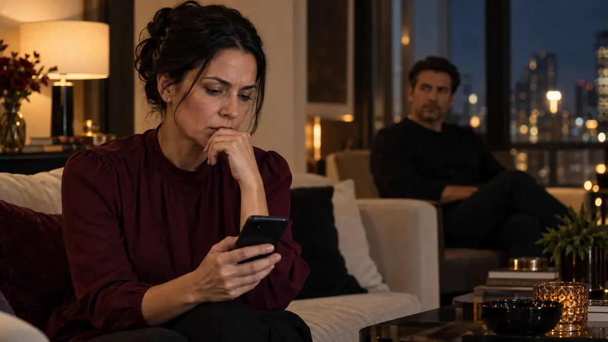 Mulher olhando preocupada para o celular, enquanto um homem observa de longe, sentado no sofá.